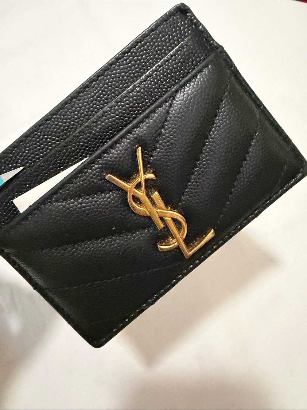Saint Laurent Black Quilted Leather Card Case with Gold YSL Monogram